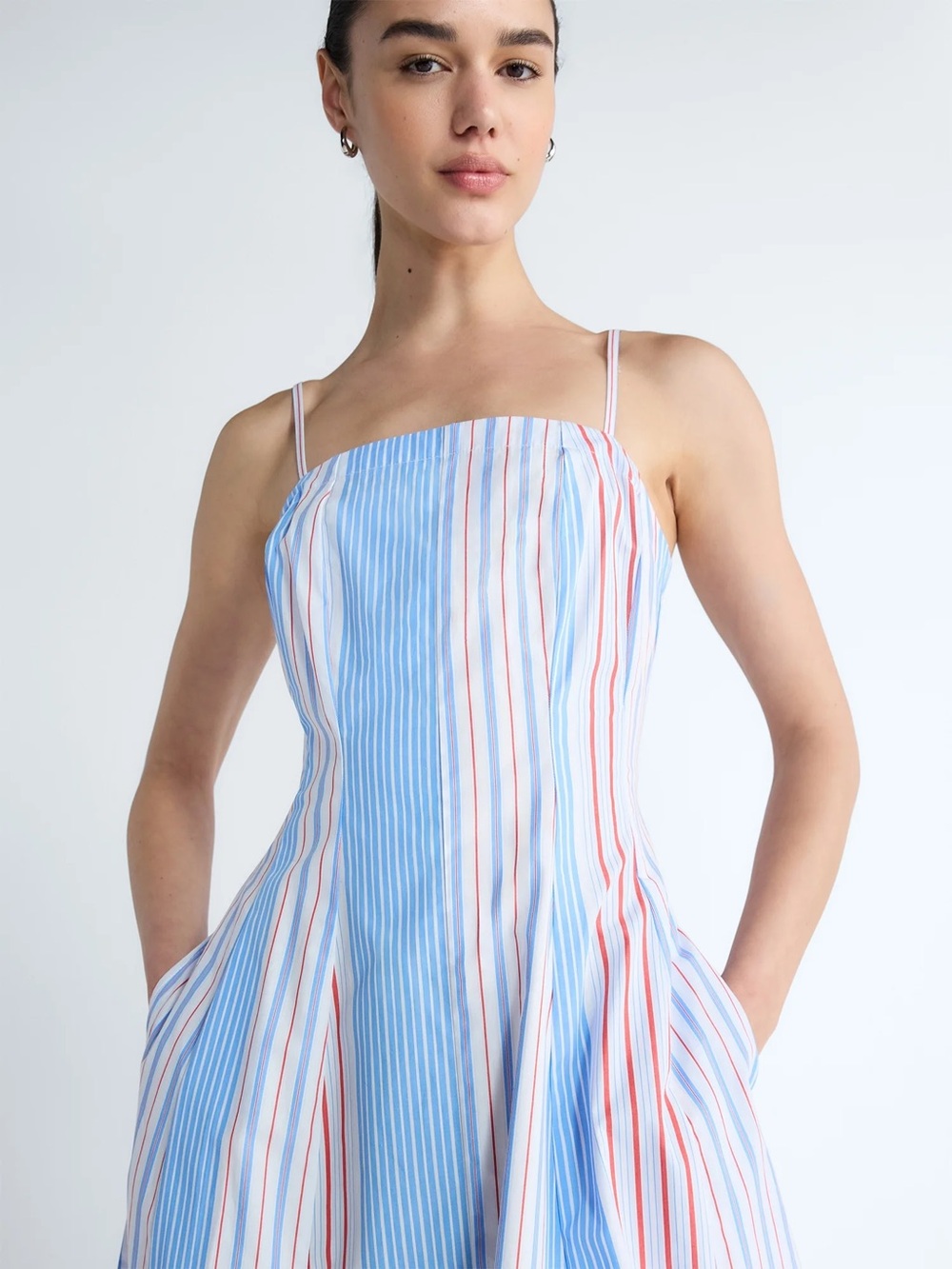 Free Assembly Blue & White Striped Spaghetti Strap Midi Dress with Red Accents - Picture 2 of 13